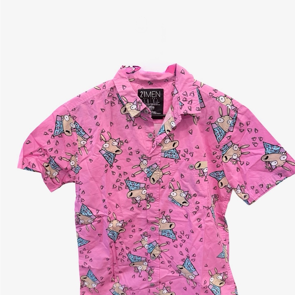 21MEN Rocko’s Modern Life Pink Novelty Cartoon Button-Down Shirt